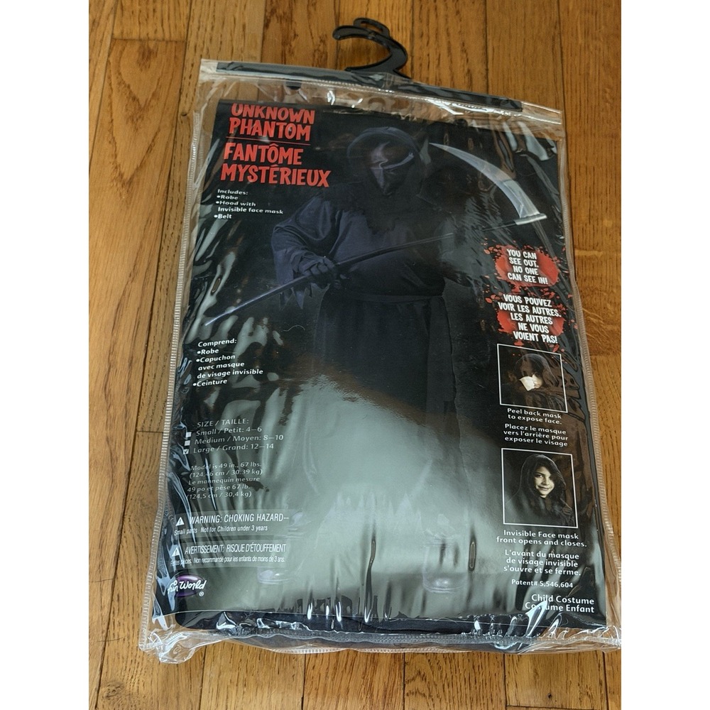Fun World Unknown Phantom Halloween Costume Kids Large 12-14 Black Robe Mask